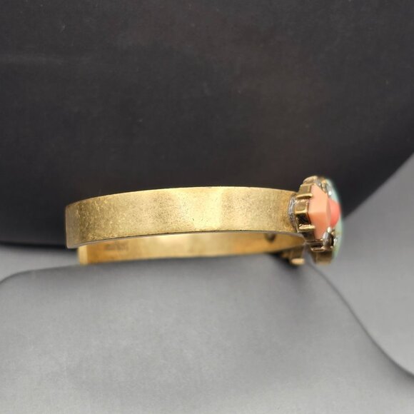 J Crew Antique Gold Tone Cuff Bracelet Faux Coral & Turquoise Stones Rhinestones - Picture 4 of 9